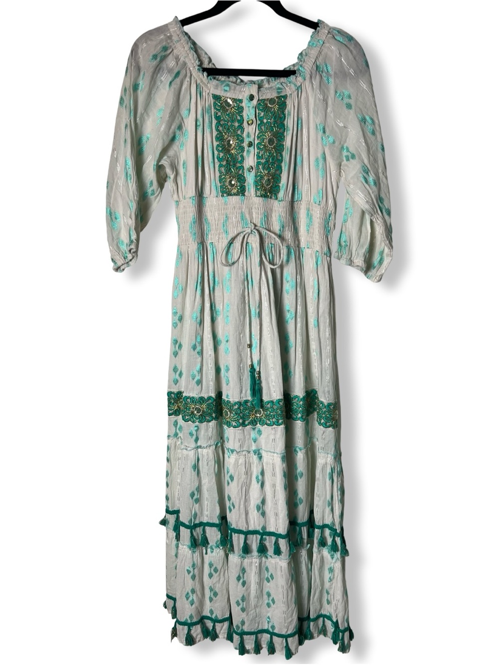 Anthropologie Me 2 Magic Boho Maxi Dress Teal Embroidered Sequin Tassel Trim XL